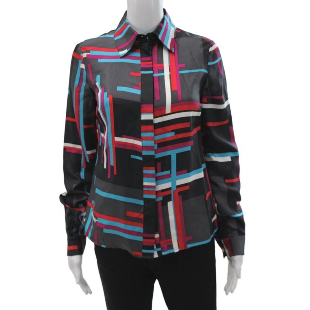 Carlisle Women Black Silk Geometric Collared Long Sleeve Blouse Size 0